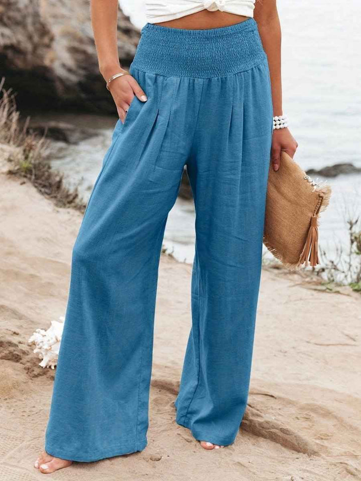 Women's Relaxed Wide Leg Linen Trousers with Smocked Waistband Blue