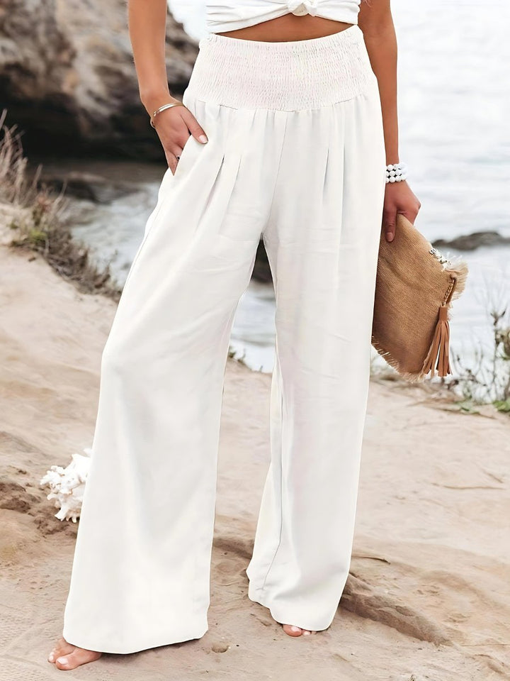 Women's Relaxed Wide Leg Linen Trousers with Smocked Waistband White