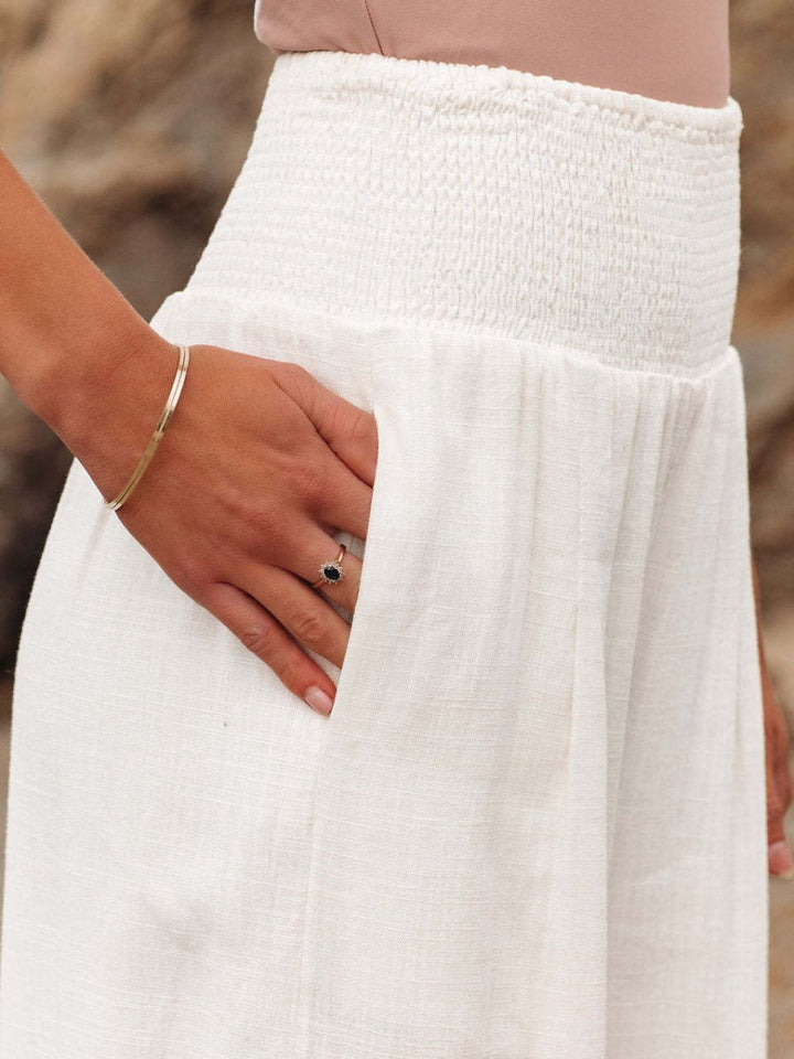 Women's Relaxed Wide Leg Linen Trousers with Smocked Waistband