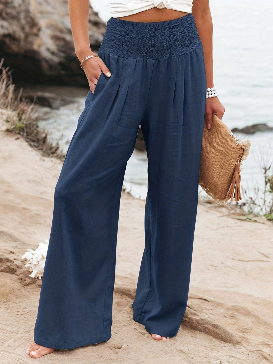 Women's Relaxed Wide Leg Linen Trousers with Smocked Waistband Navy Blue