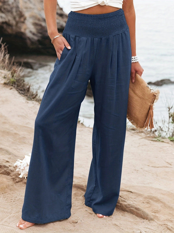 Women's Relaxed Wide Leg Linen Trousers with Smocked Waistband Navy Blue