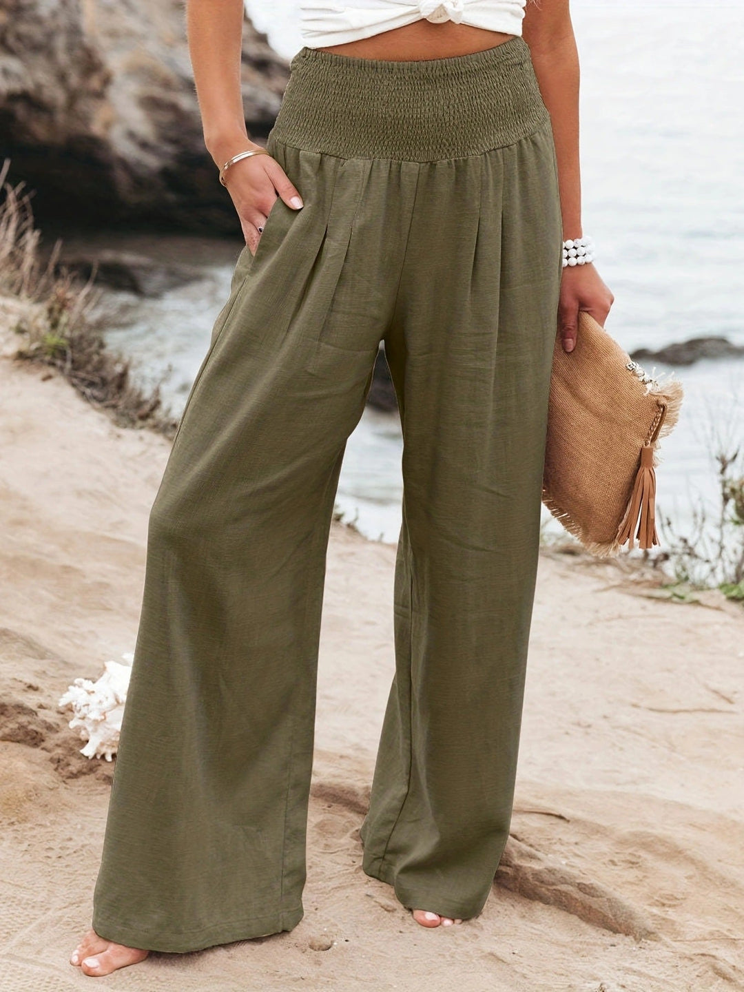 Women's Relaxed Wide Leg Linen Trousers with Smocked Waistband Green