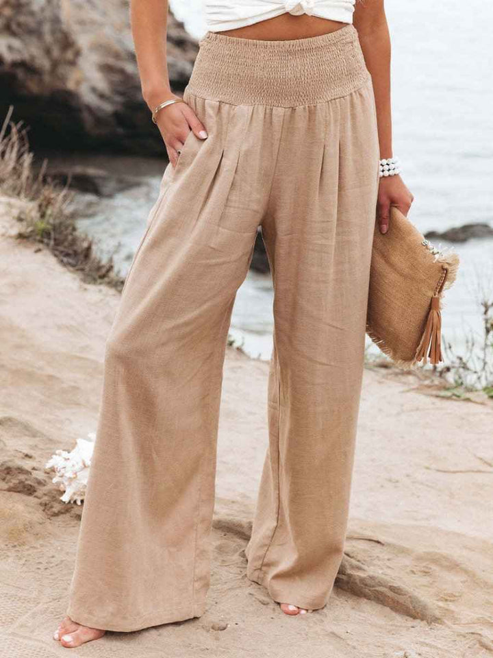 Women's Relaxed Wide Leg Linen Trousers with Smocked Waistband Beige