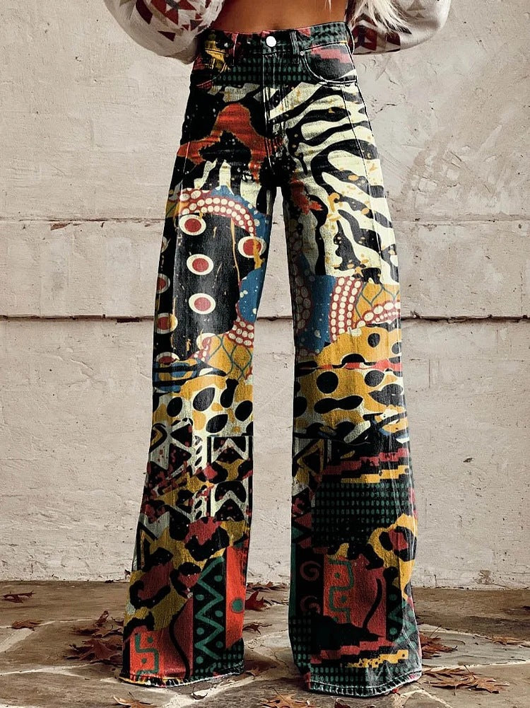 Women's Retro High Waist Full Length Flare Printed Trousers Abstract
