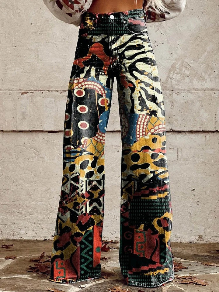 Women's Retro High Waist Full Length Flare Printed Trousers Abstract