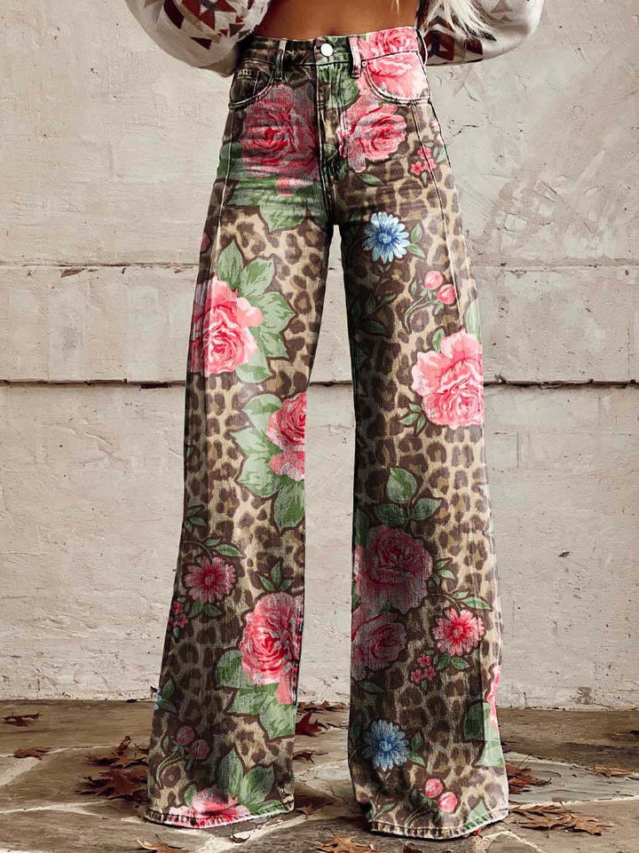 Women's Retro High Waist Full Length Flare Printed Trousers Pink Leopard