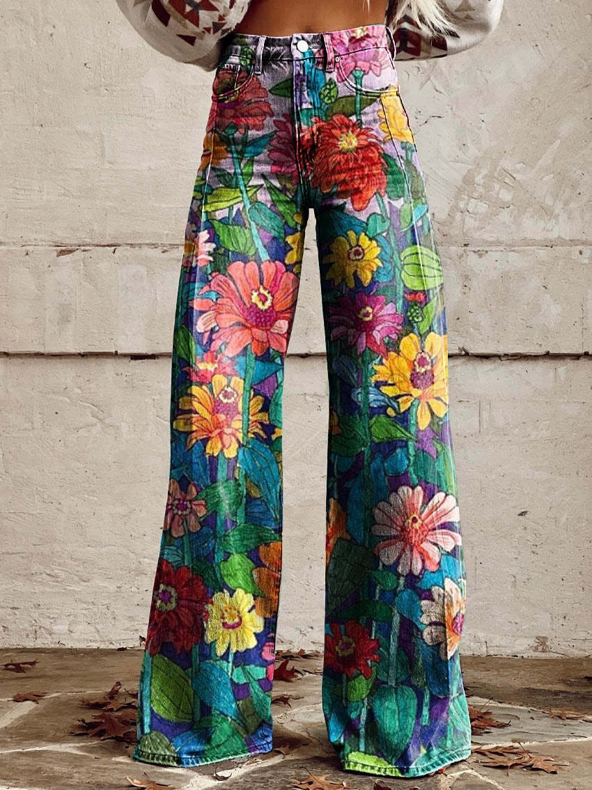 Women's Retro High Waist Full Length Flare Printed Trousers Daisy