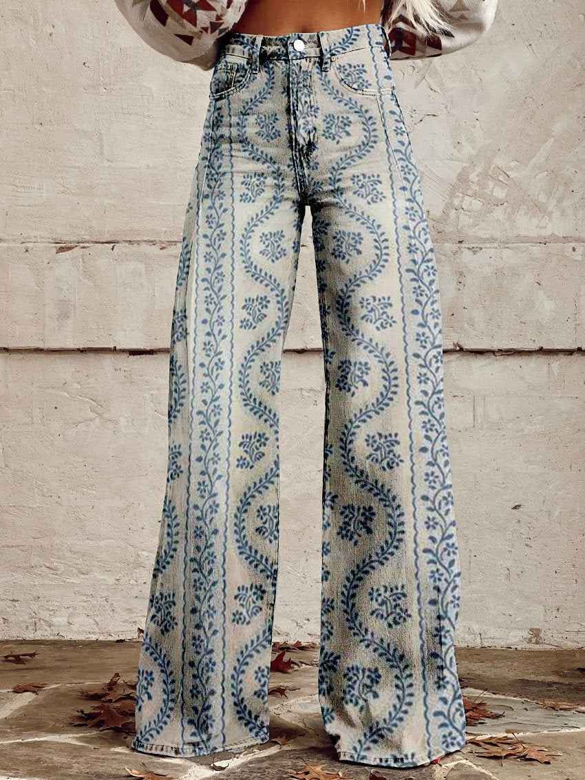 Women's Retro High Waist Full Length Flare Printed Trousers Blue