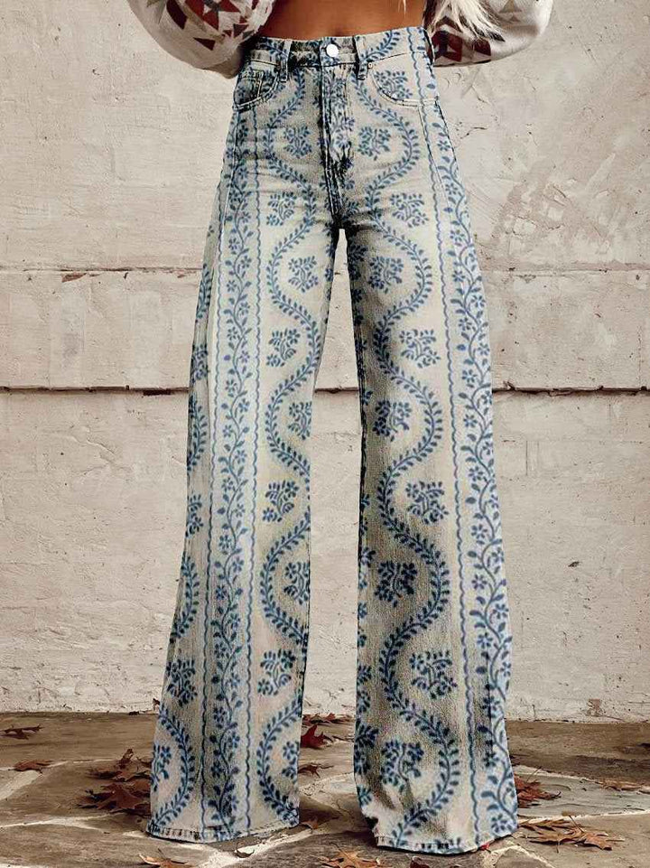 Women's Retro High Waist Full Length Flare Printed Trousers Blue