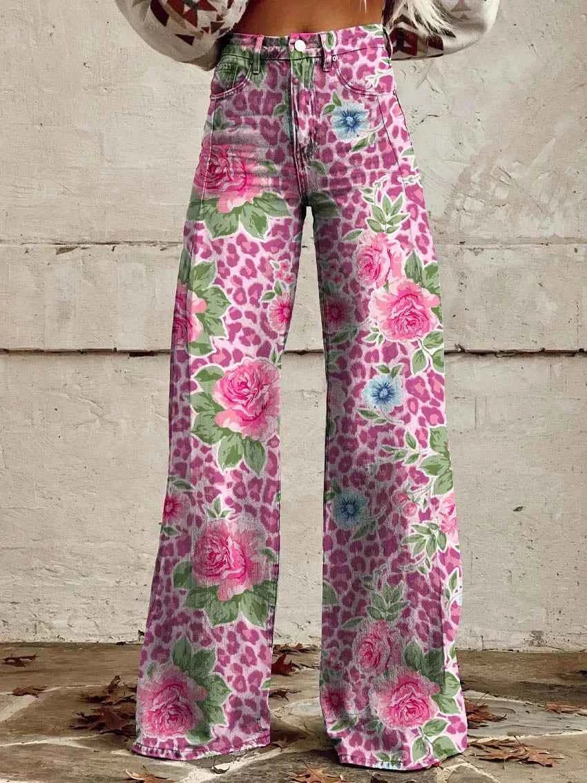 Women's Retro High Waist Full Length Flare Printed Trousers Pink Flower