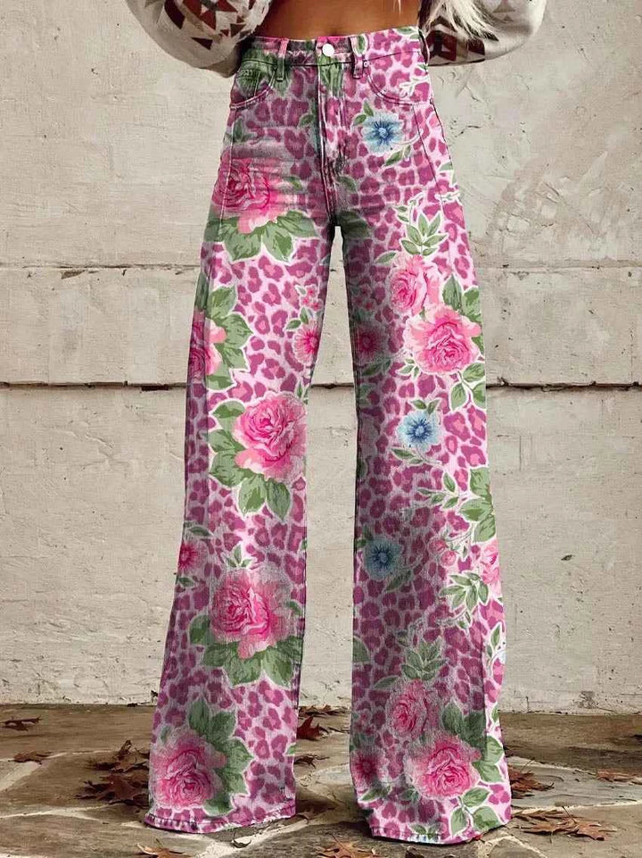 Women's Retro High Waist Full Length Flare Printed Trousers Pink Flower
