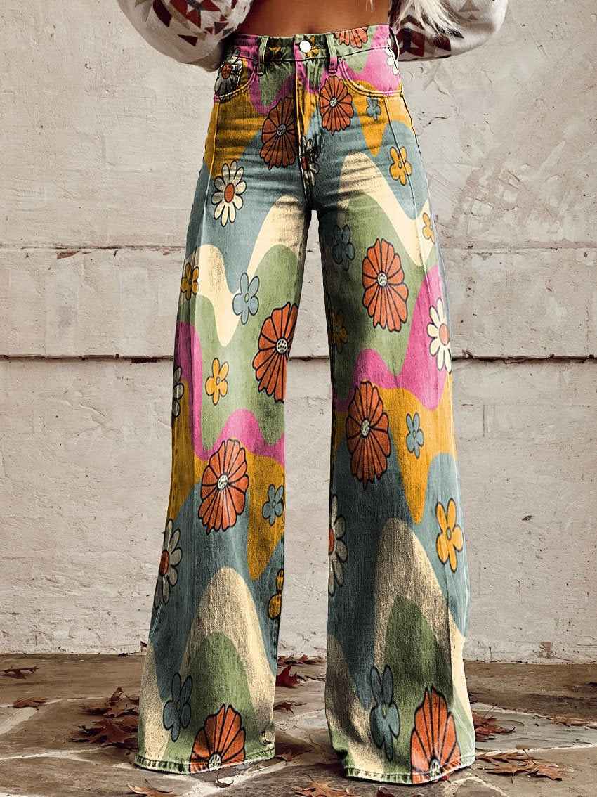Women's Retro High Waist Full Length Flare Printed Trousers Waves and Blossom