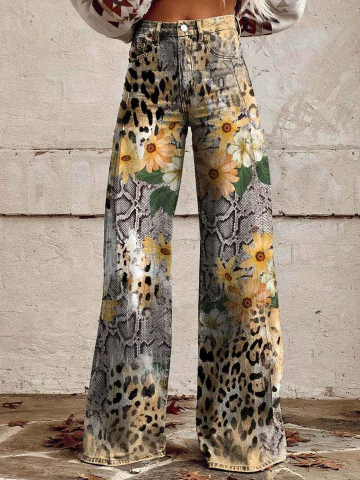 Women's Retro High Waist Full Length Flare Printed Trousers Snake and Leopard