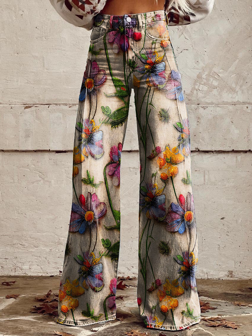 Women's Retro High Waist Full Length Flare Printed Trousers Colourful Flower