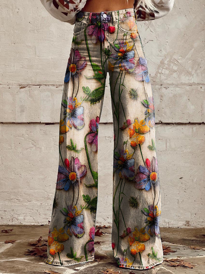 Women's Retro High Waist Full Length Flare Printed Trousers Colourful Flower