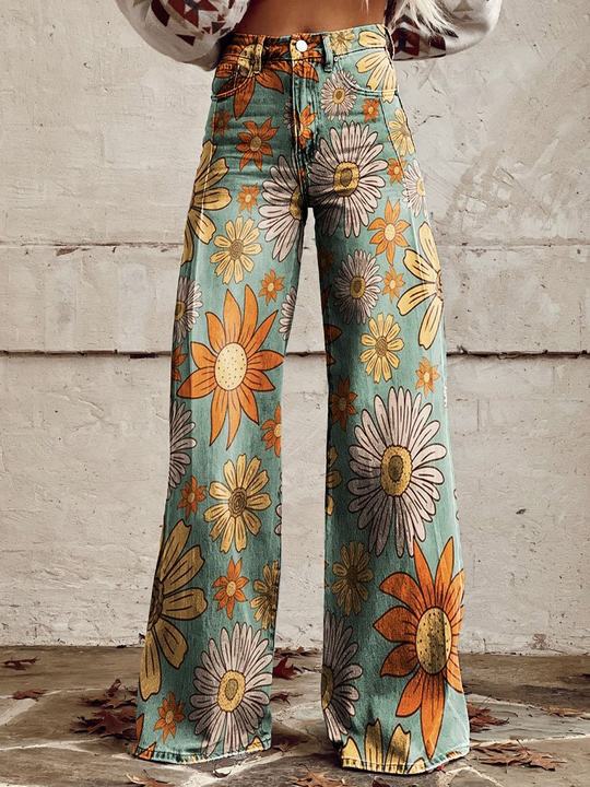 Women's Retro High Waist Full Length Flare Printed Trousers Blossom