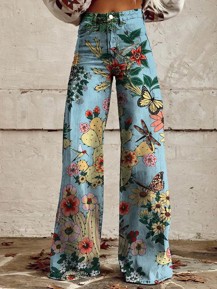 Women's Retro High Waist Full Length Flare Printed Trousers Blue Forrest