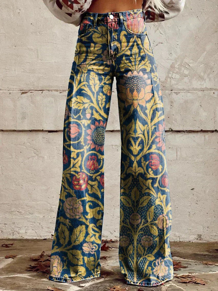 Women's Retro High Waist Full Length Flare Printed Trousers Sunflower