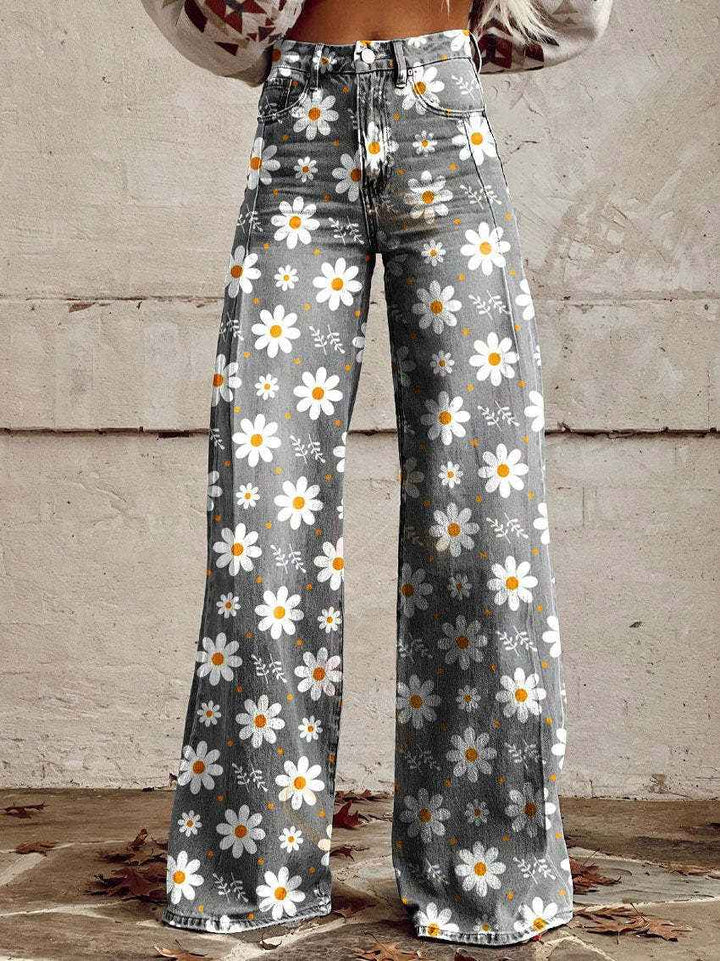 Women's Retro High Waist Full Length Flare Printed Trousers White Flower