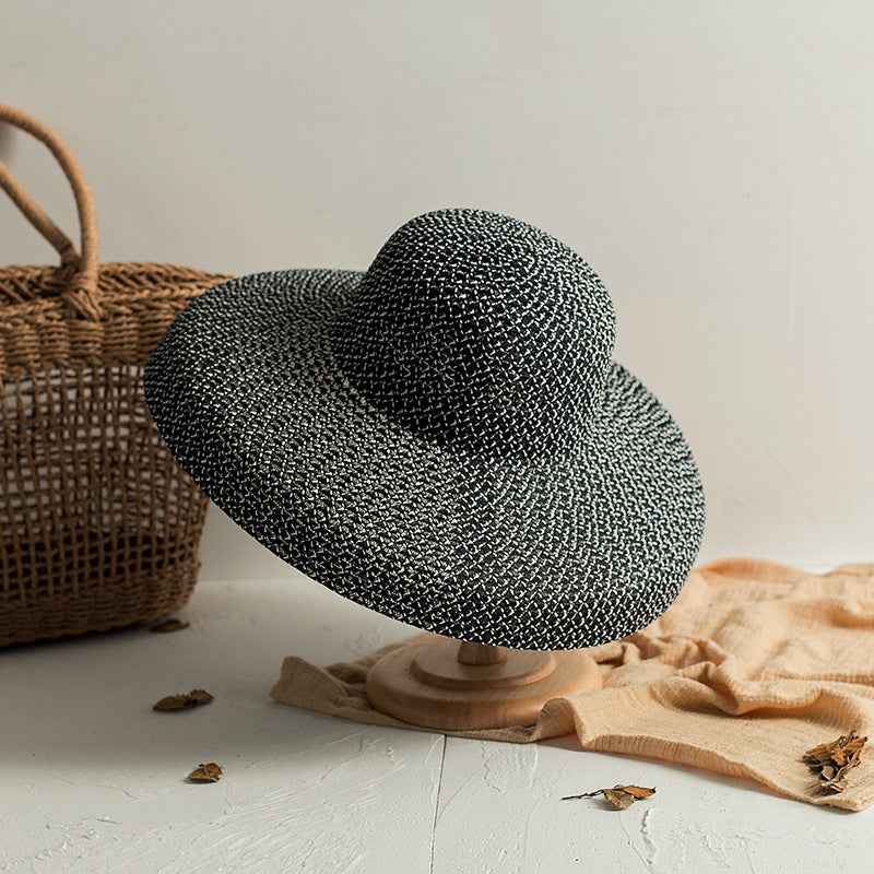 Retro Round Top Big Straw Hat Ladies Sun Hats Travel Black