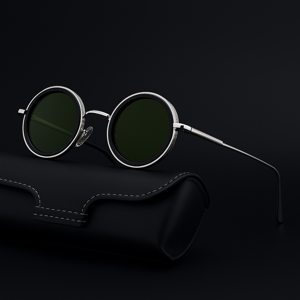 Retro Round Vintage Sunglasses Black & Green Tint