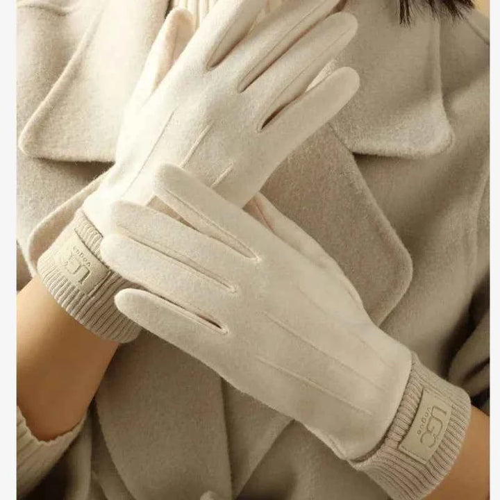 Ribbed Cuff Wrist-Length Snug Fit Gloves Beige