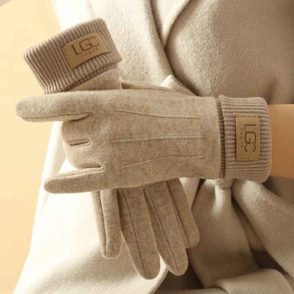 Ribbed Cuff Wrist-Length Snug Fit Gloves Khaki