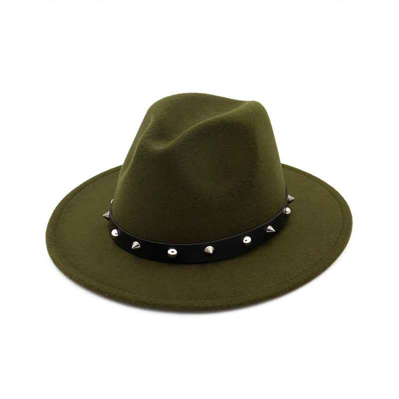 Rivet Unisex Woolen Top Hat with Stylish Rivet Accents Army Green