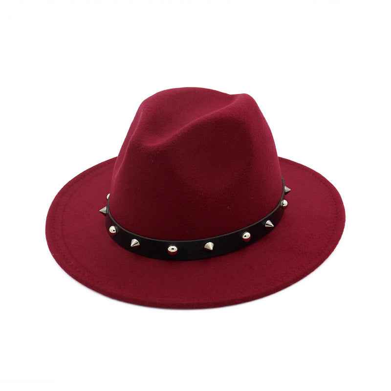 Rivet Unisex Woolen Top Hat with Stylish Rivet Accents Wine Red