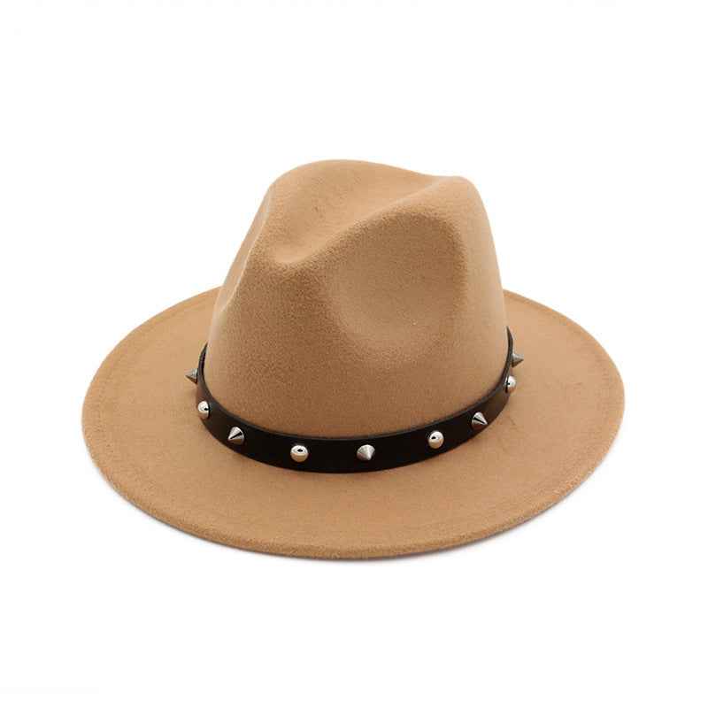 Rivet Unisex Woolen Top Hat with Stylish Rivet Accents Camel