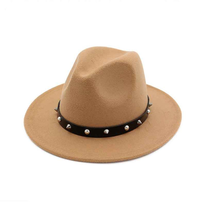 Rivet Unisex Woolen Top Hat with Stylish Rivet Accents Camel