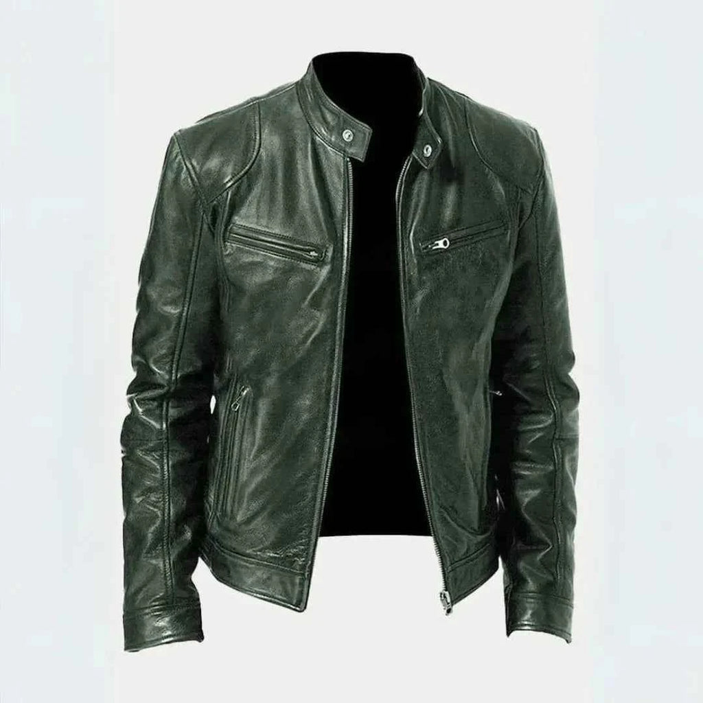 Men's Leather Moto Jacket - Stylish Biker Outerwear Army Green