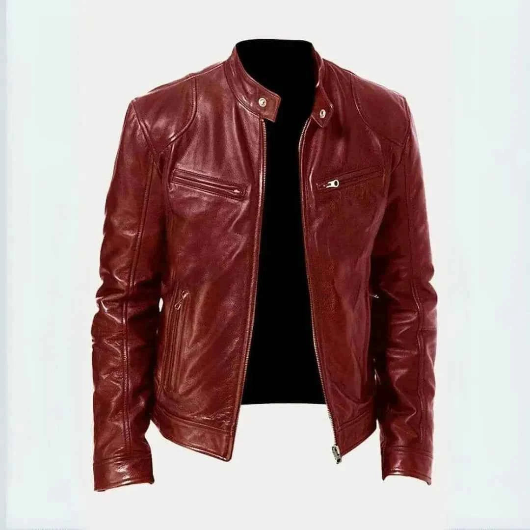 Men's Leather Moto Jacket - Stylish Biker Outerwear Bordeaux
