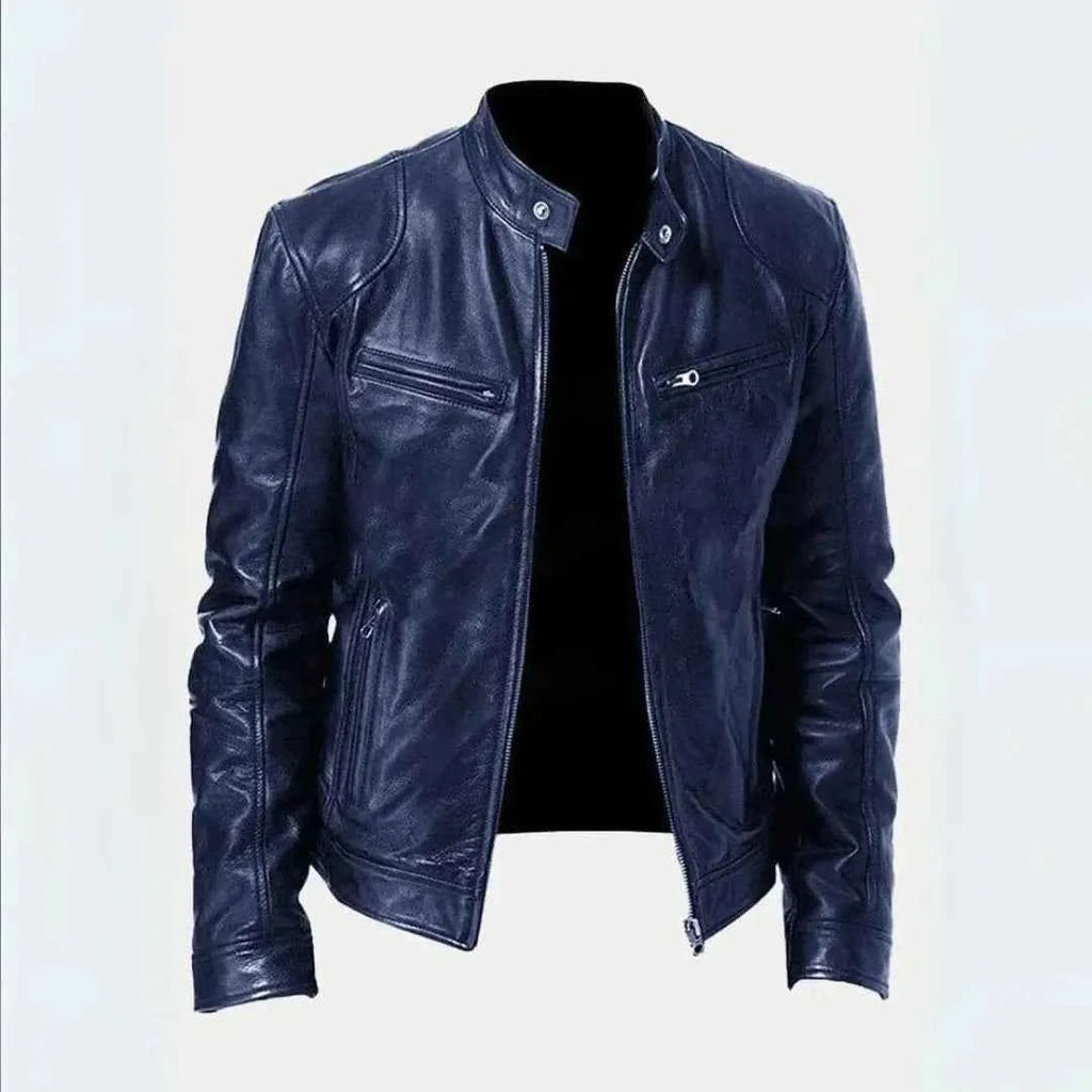 Men's Leather Moto Jacket - Stylish Biker Outerwear Dark Blue