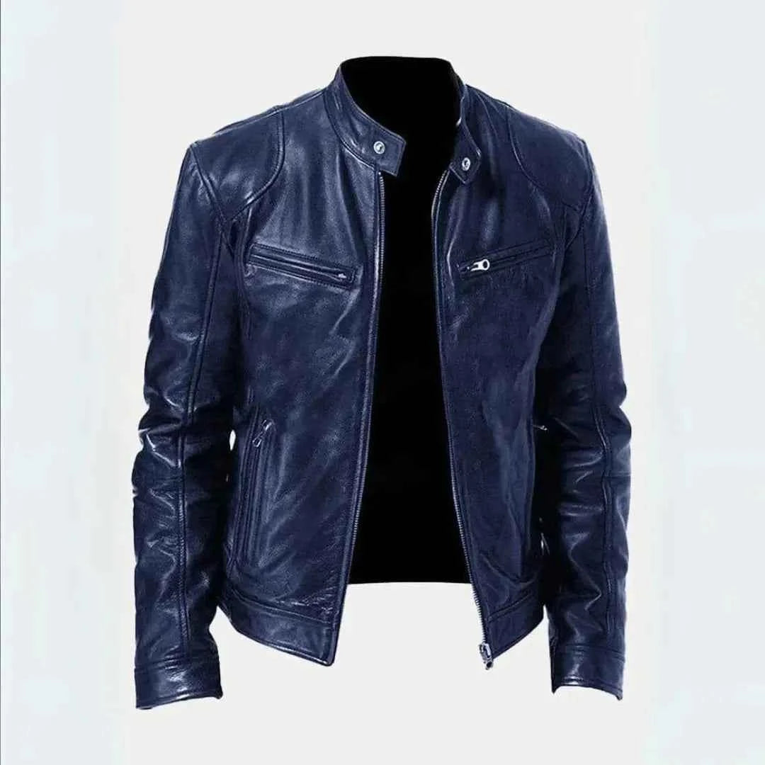 Men's Leather Moto Jacket - Stylish Biker Outerwear Dark Blue