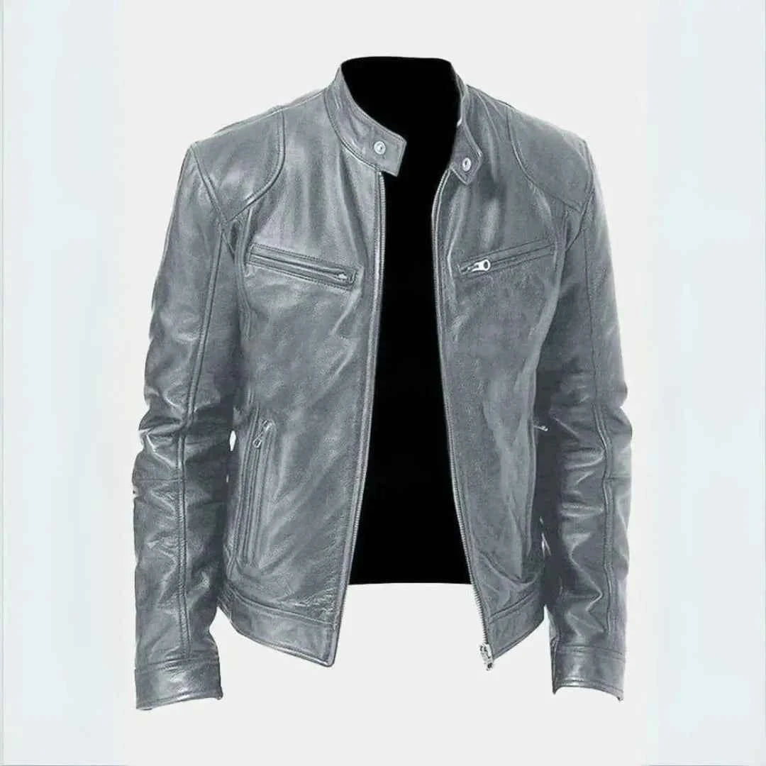 Men's Leather Moto Jacket - Stylish Biker Outerwear Gray