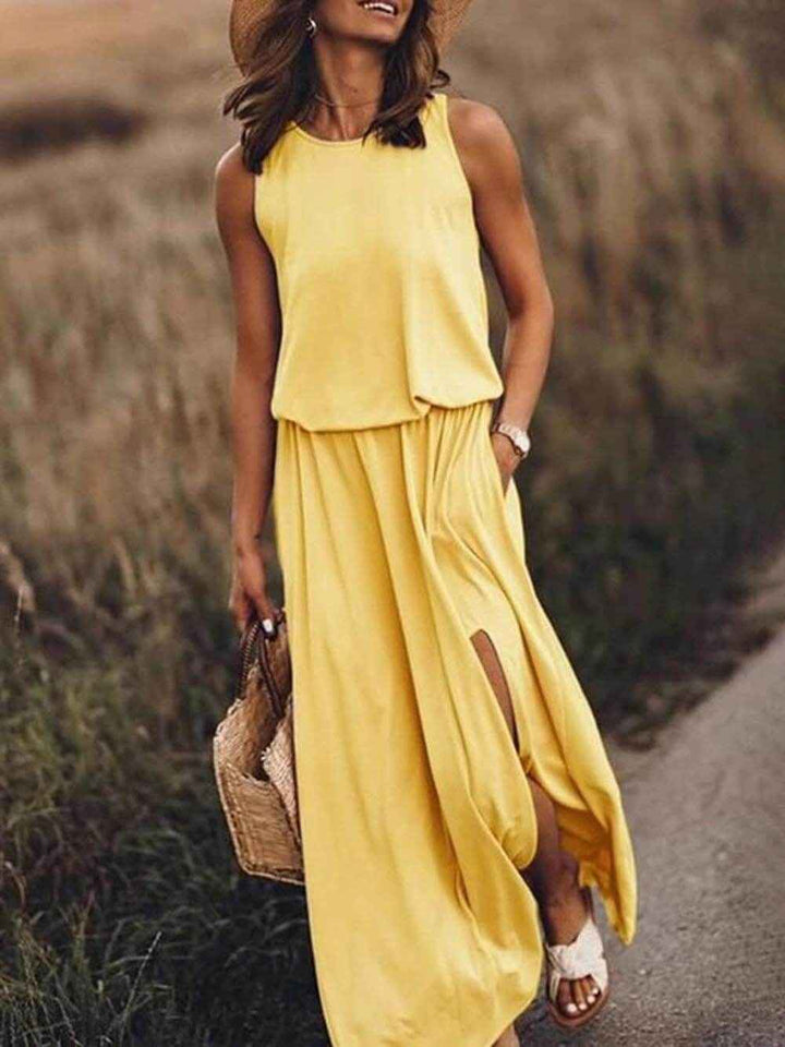 Rose | Loose Waisted Sleeveless Slit Dress - Breezy Summer Dress Yellow