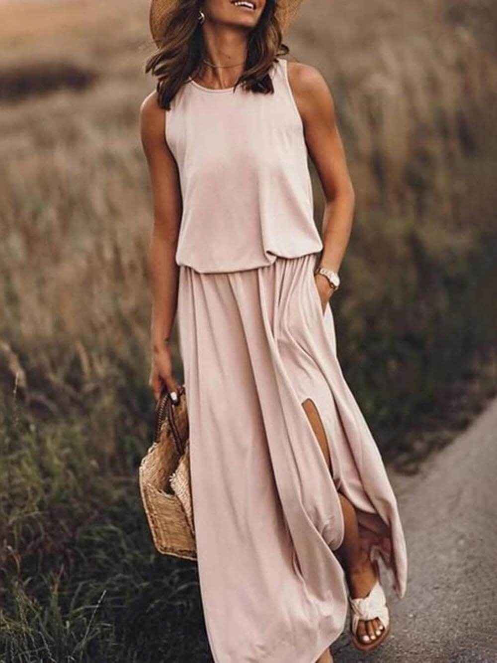 Rose | Loose Waisted Sleeveless Slit Dress - Breezy Summer Dress Khaki