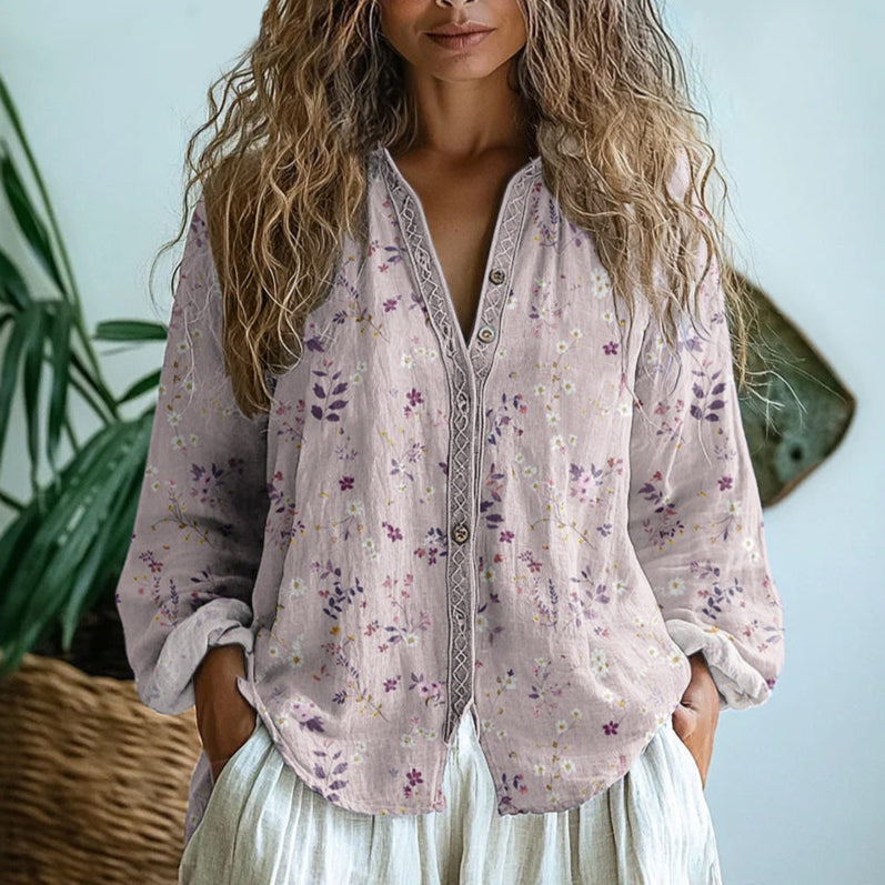 Women's Floral Print V-Neck Blouse in Vintage Style Lavender