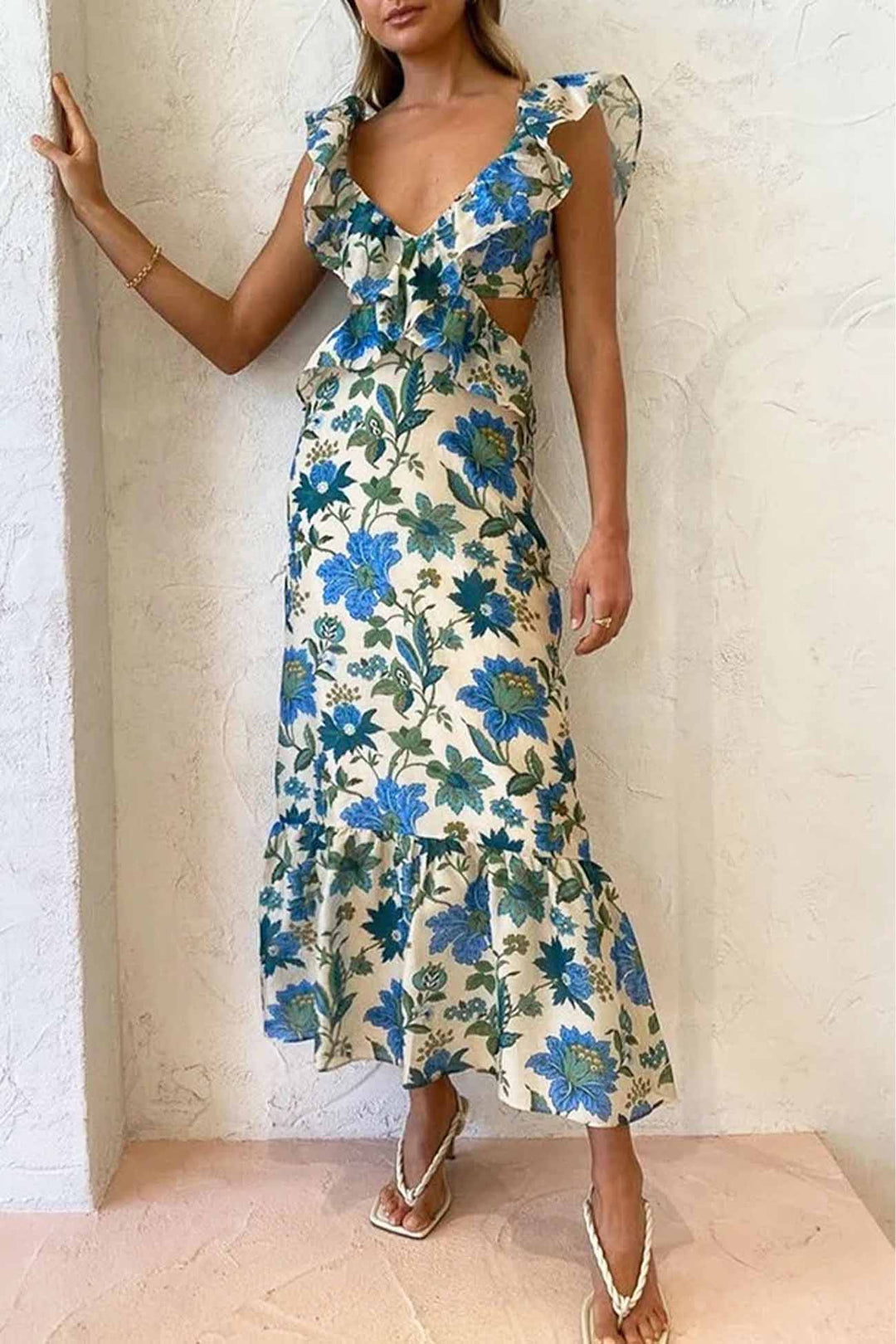 Amara | Elegant Summer Maxi Dress - Sleeveless with Ruffle Straps Blue M
