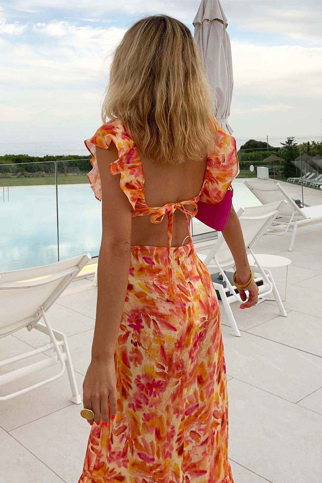 Amara | Elegant Summer Maxi Dress - Sleeveless with Ruffle Straps Orange M