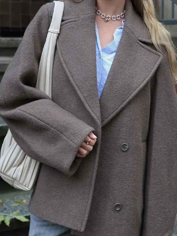 Women's Oversized Wool Blend Coat with Double Row Buttons and Long Sleeves