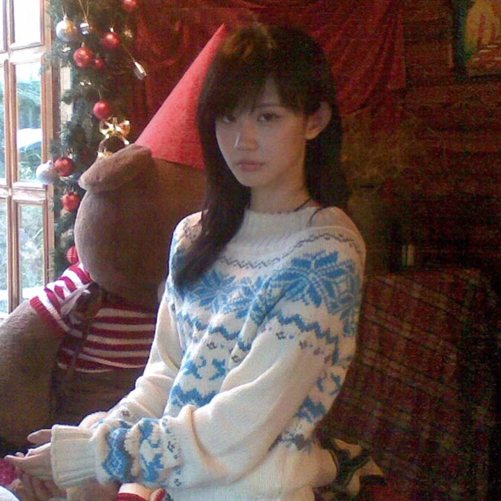 Women's Vintage Y2K Jacquard Off Shoulder Knitted Pullover Christmas Sweater