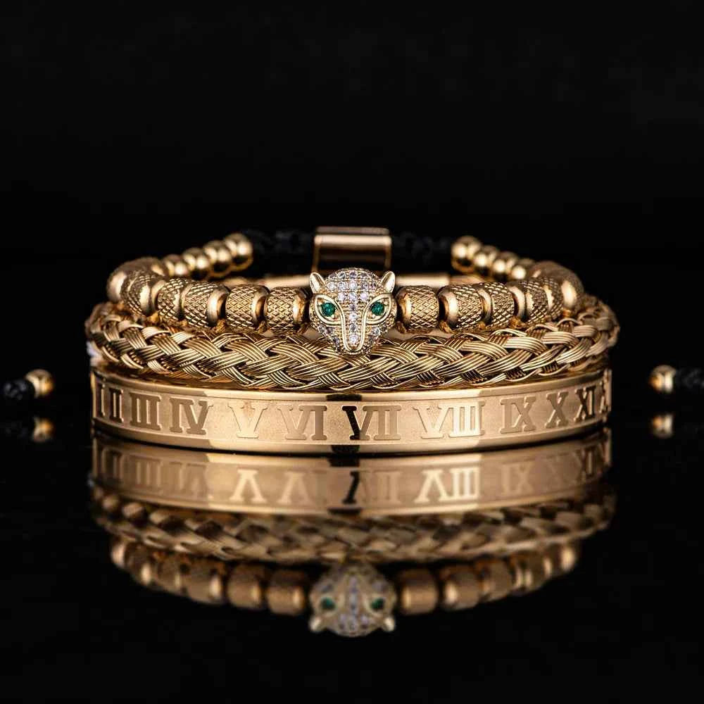 Three-Piece Panther Head Charm Braided Bracelet Set Gold Silver