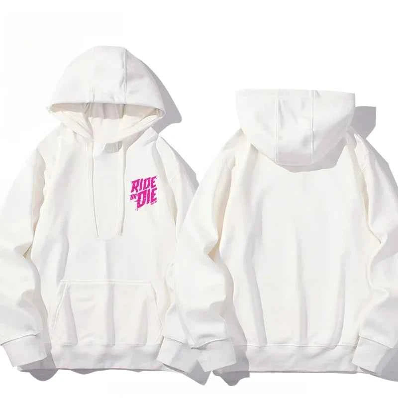 Men and Women 'Ride or Die' Cotton Hoodie White1