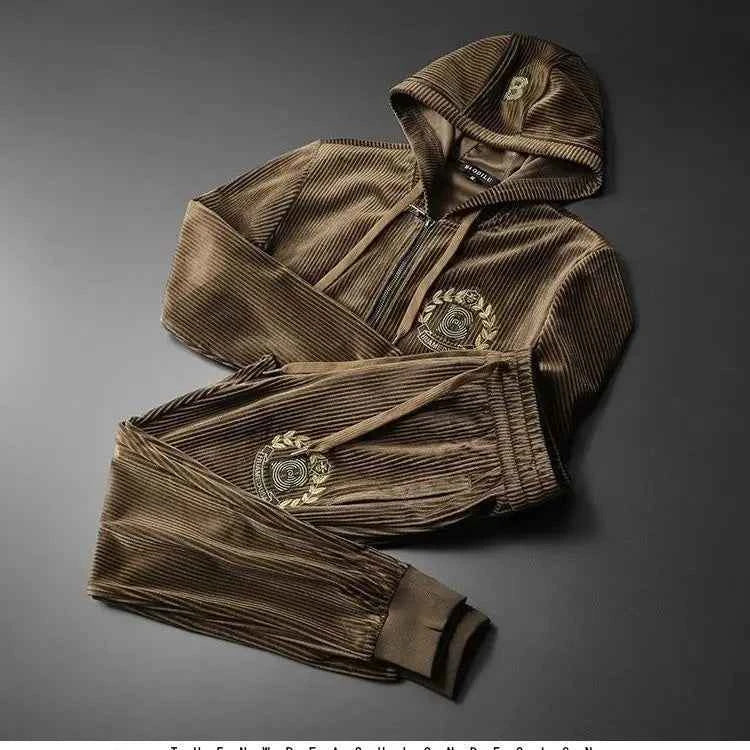Men’s Gold Velvet Tracksuit – Hooded Zip Jacket & Joggers