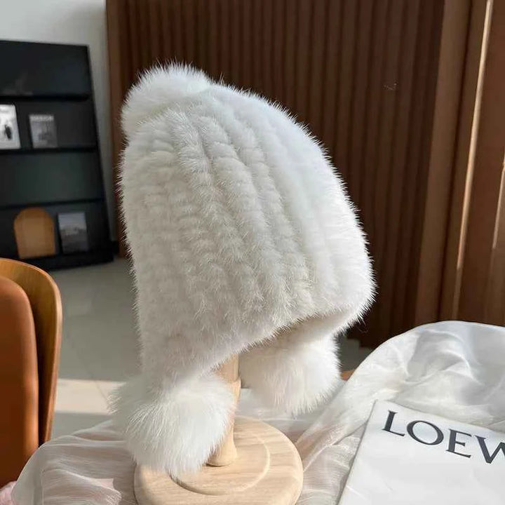 Ribbed Snug Fit Beanie Hat with Pom-Pom Earflaps White