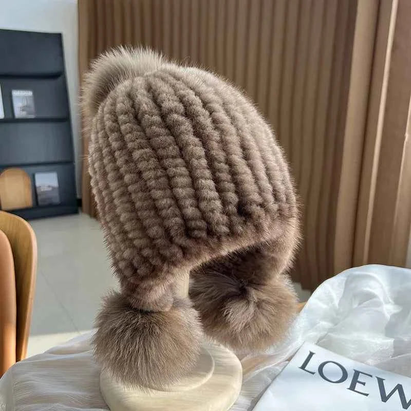 Ribbed Snug Fit Beanie Hat with Pom-Pom Earflaps Brown