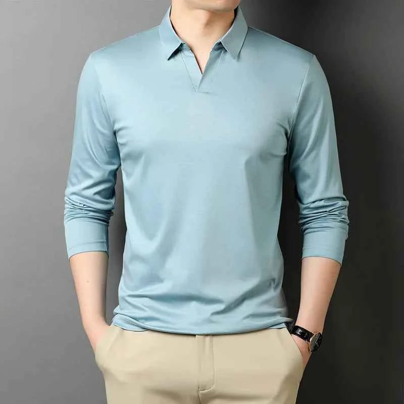 Men's Slim Fit Long Sleeve Polo Shirt with Classic Collar – Comfort Stretch Light Blue