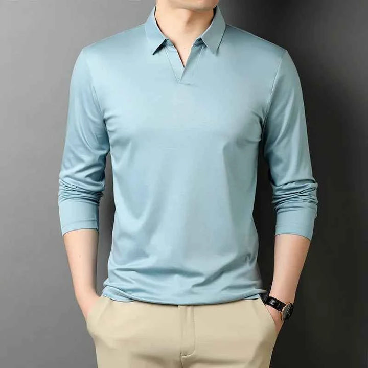 Men's Slim Fit Long Sleeve Polo Shirt with Classic Collar – Comfort Stretch Light Blue